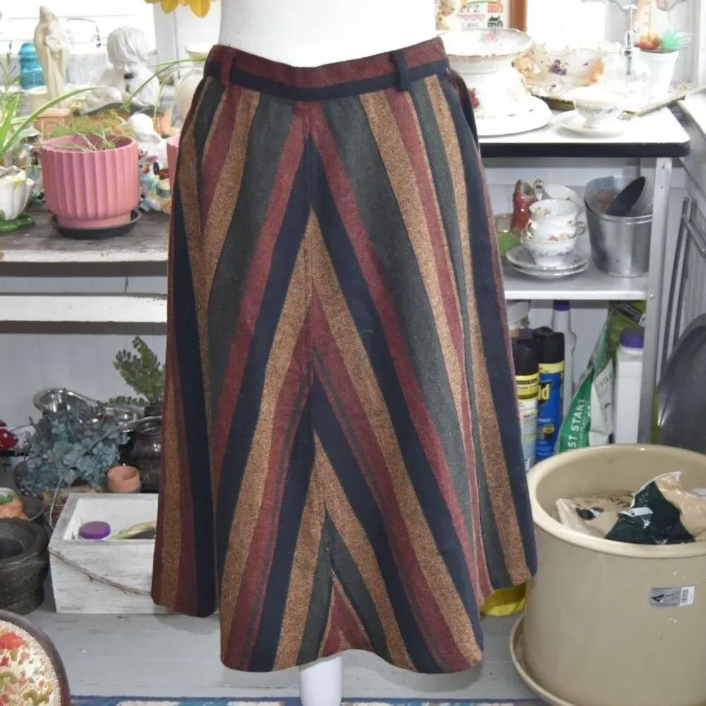 Vintage 70s Chevron Stripe Midi Skirt Talon Zip Wool Blend Medium